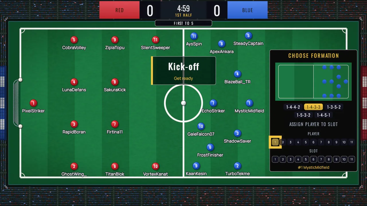 Kick-off in an 11v11 match while a Head Coach picks a formation on the Choose Formation board.