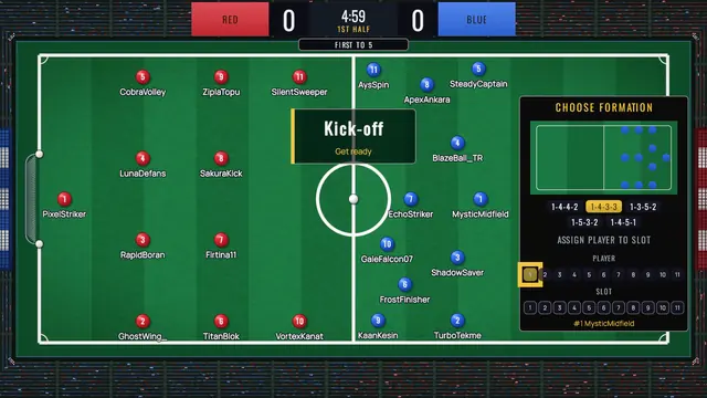 Kick-off in an 11v11 match while a Head Coach picks a formation on the Choose Formation board.