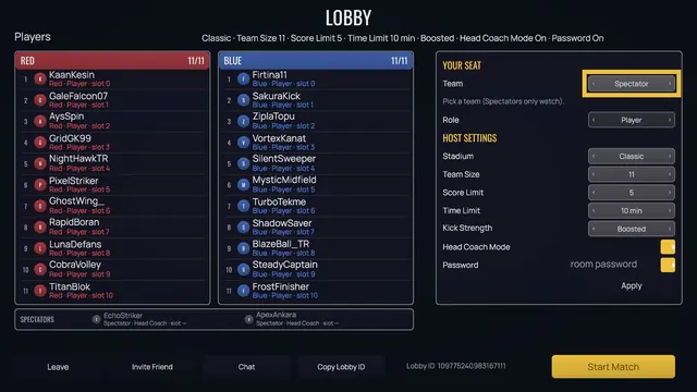 The lobby: two full teams of eleven, with host settings for stadium, team size, score and time limits, kick strength, Head Coach mode and password.