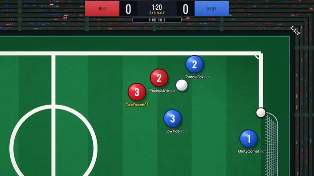 Bots, each with a BOT tag next to its name, close in on goal in the second half.