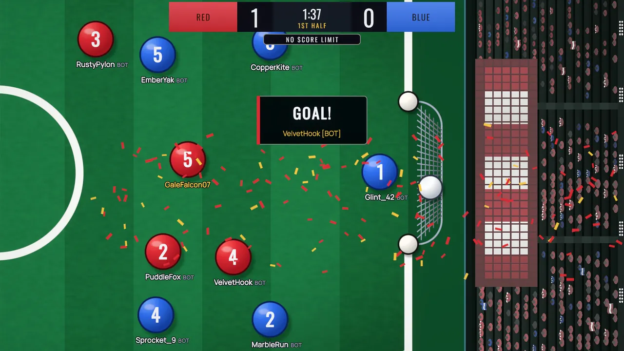 A bot scores: the GOAL! banner names it as confetti flies around the net.