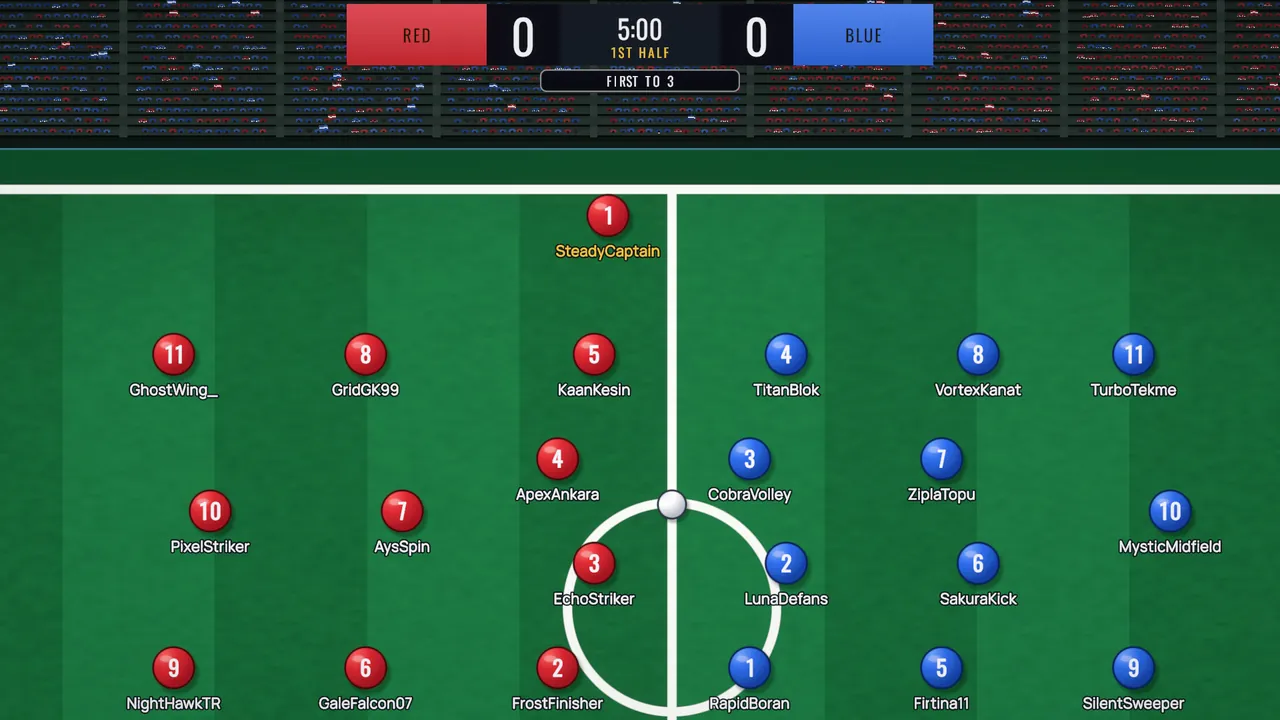 Both teams lined up for an 11v11 kick-off, with the stands full of red and blue fans.