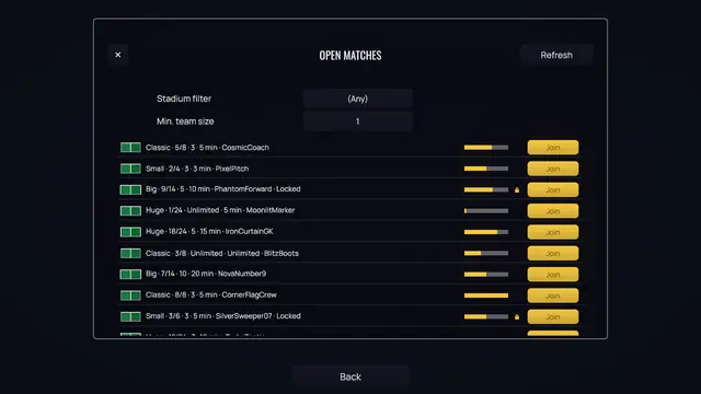 The Open Matches browser, listing rooms by stadium, team size, score limit and time.